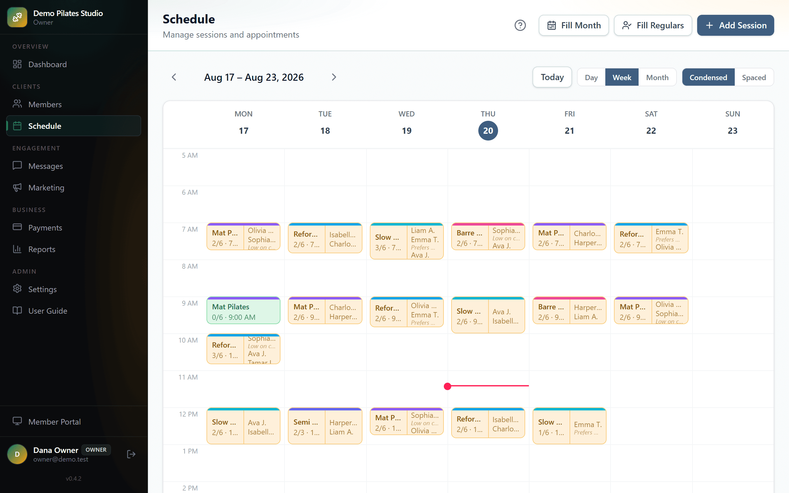 A week in the MyHomeStudio schedule: classes across seven days, each showing how many seats are taken and who is booked.