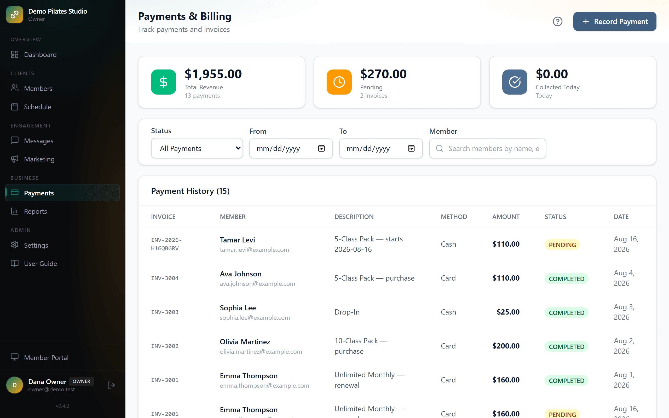 The payments ledger with card and cash entries side by side.