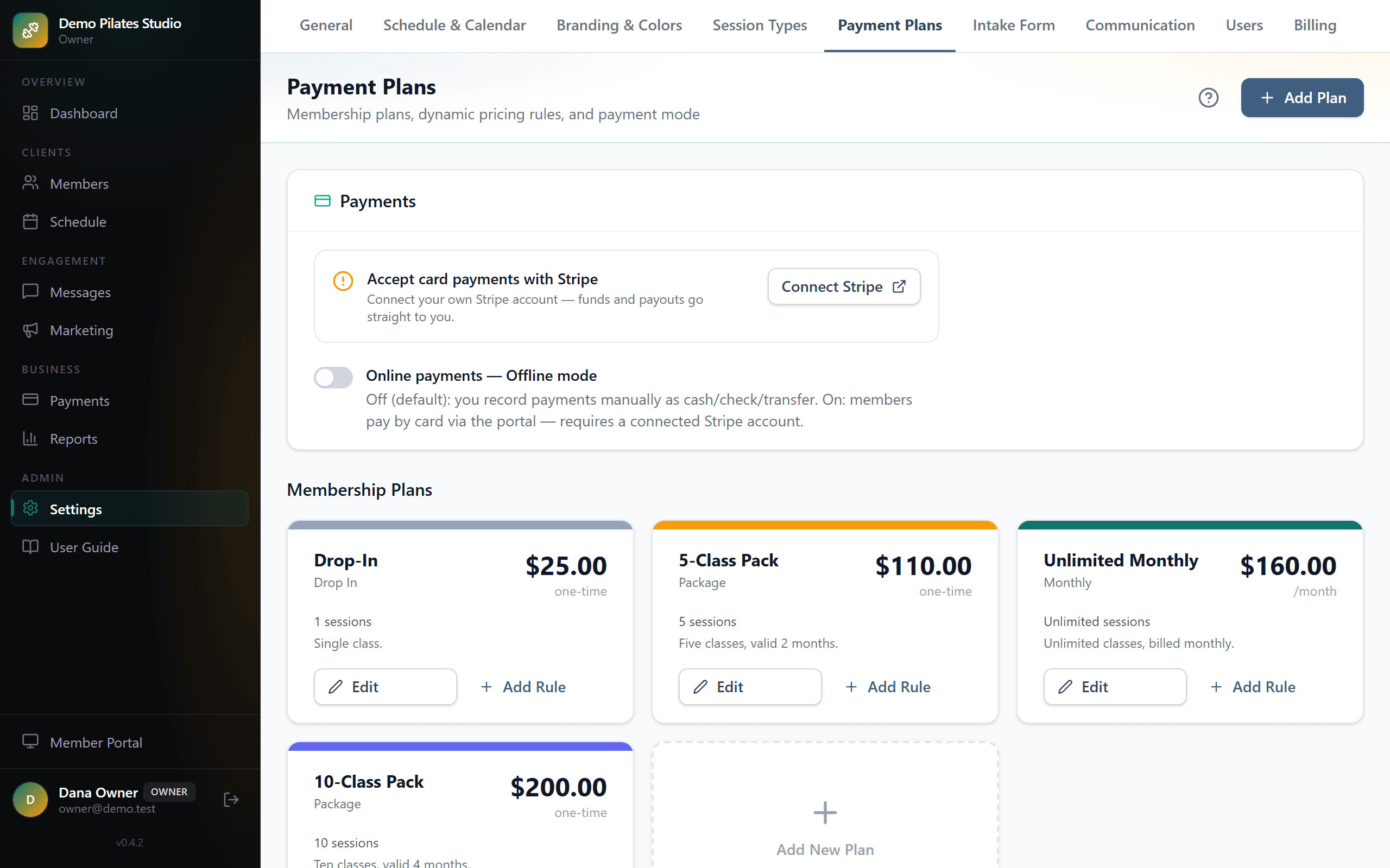 Plan setup, including price, session count and which class types it covers.
